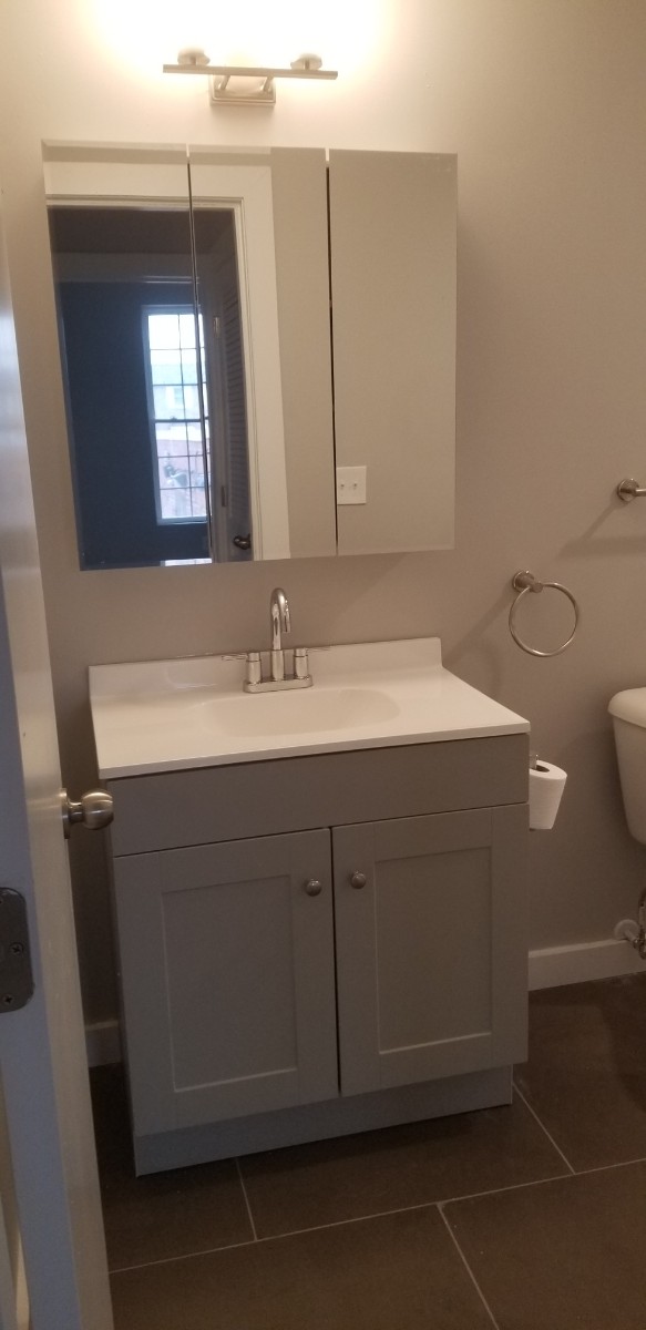 Bathroom mirror and sink with grey cabinet
